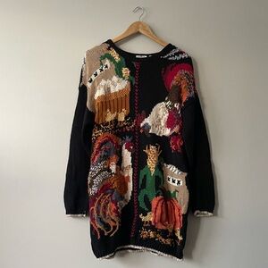 Vintage hand knitted farm motif roosters pumpkins harvest grannycore sweater